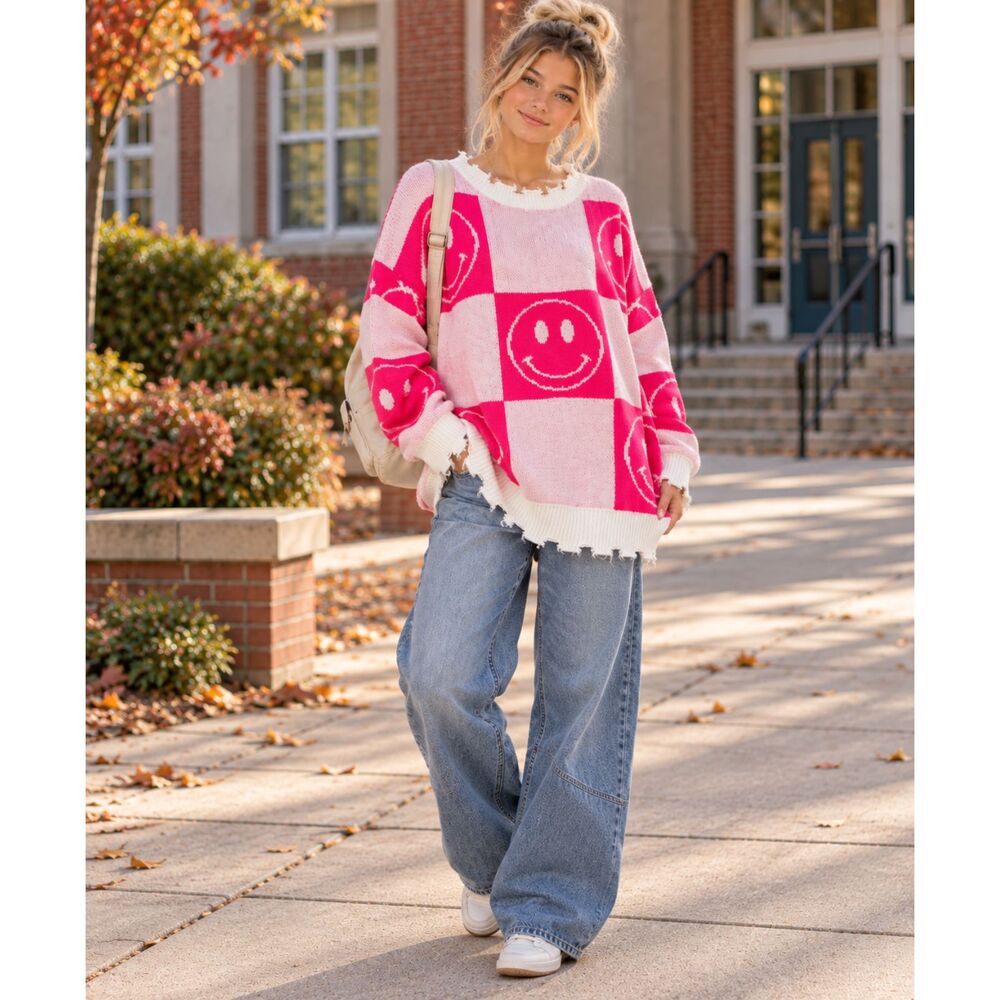 Altar'd State Pink Checkered Smiley Face Distressed Oversized Sweater Size XS